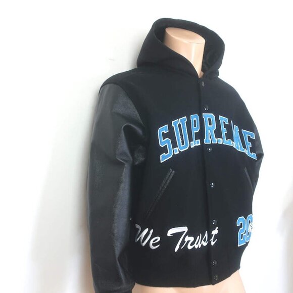 Supreme King Leather-Sleeve Hooded Varsity Jacket Black Size Medium - Picture 4 of 10